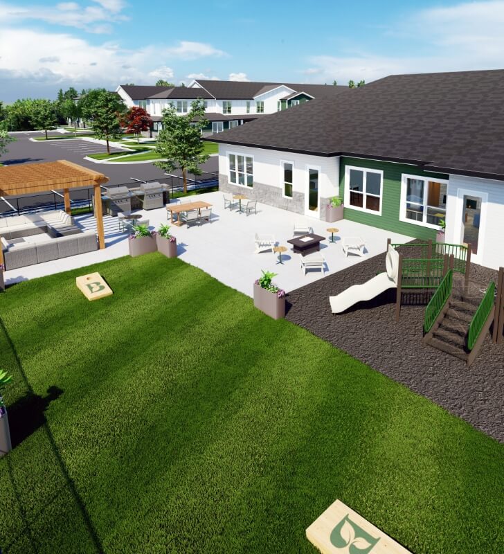 Outdoor patio area with seating, grill, playground, and lawn games