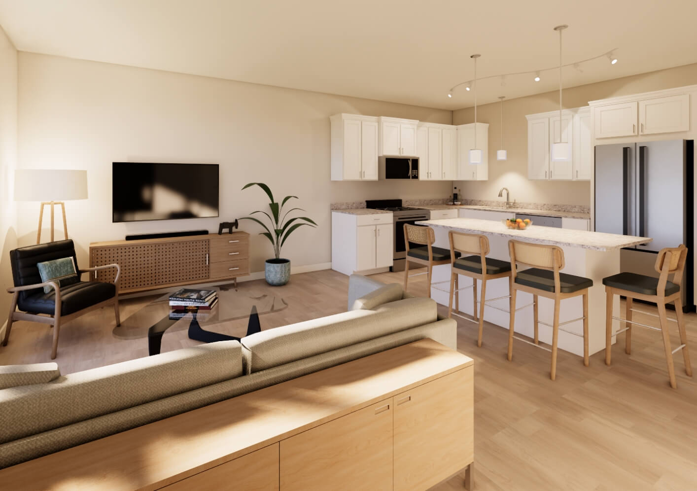 open concept living room and kitchen with modern finishes and island seating