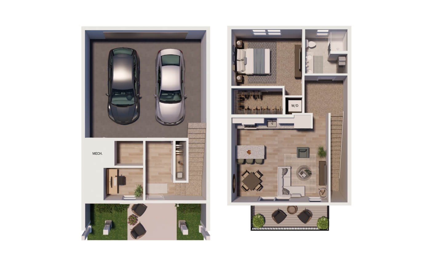 floor plan of brookgreen townhomes 1 bedroom unit showing kitchen, living area, and garage