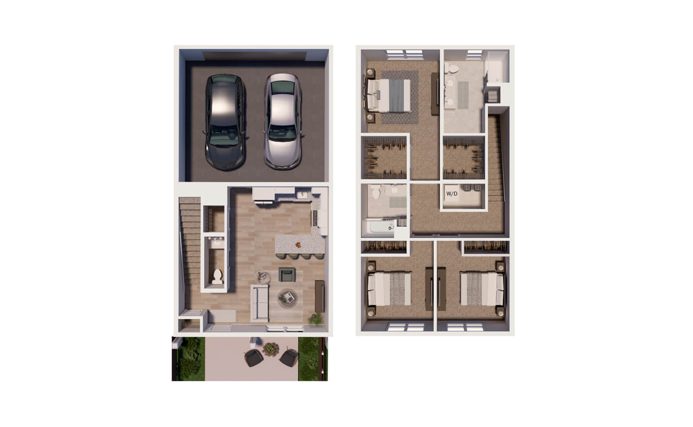 floor plan of brookgreen townhomes 3 bedroom unit with living room, kitchen, and garage