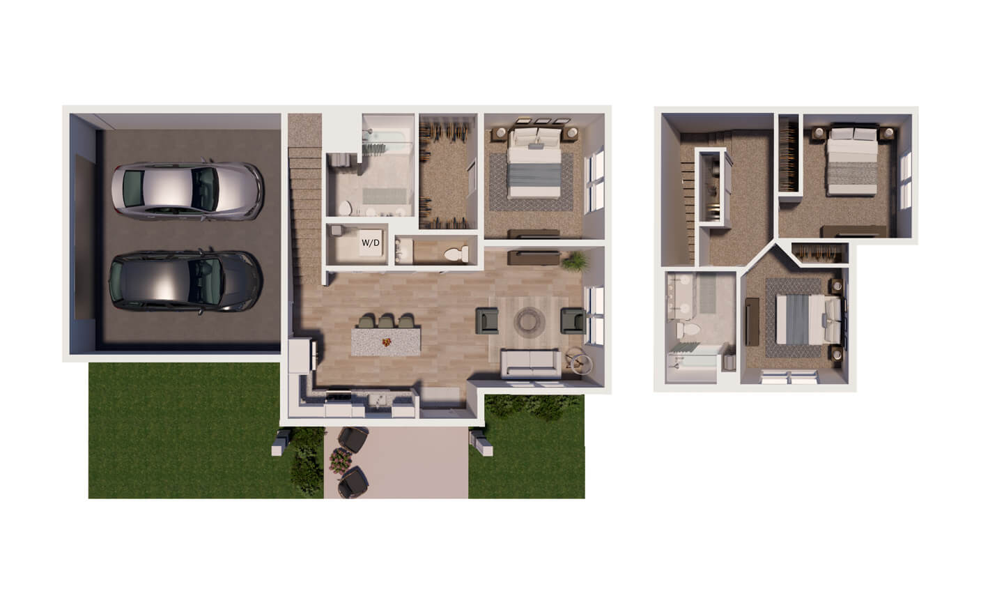 floor plan of brookgreen townhomes 3 bedroom end unit with upstairs bedrooms and garage