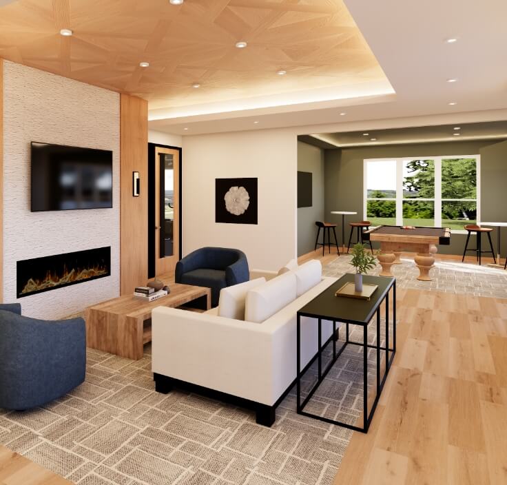 modern-fireplace.jpg clubhouse lounge with modern fireplace, tv, and seating area for residents