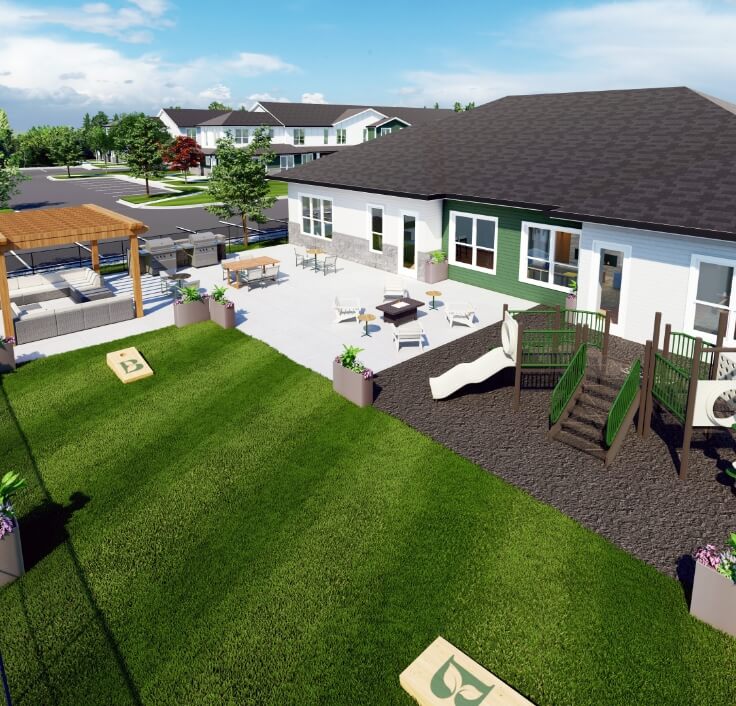 outdoor community amenities with patio seating, fire pit, playground, and pergola lounge