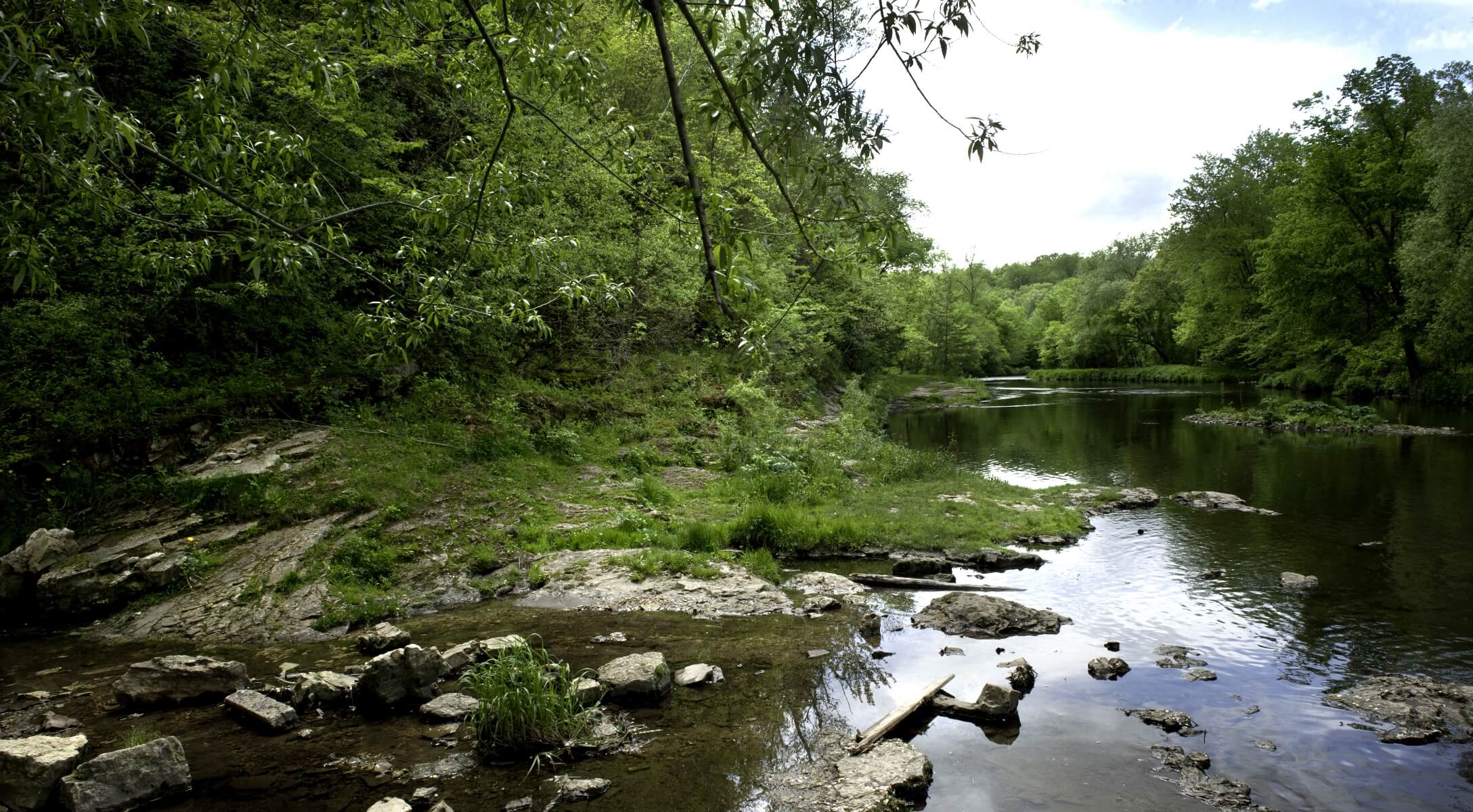 scenic view of the kinnickinnic river with lush green trees and rocky shoreline in river falls wi