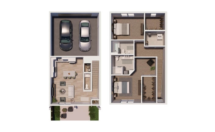 floor plan of brookgreen townhomes 2 bedroom unit with two baths and attached garage