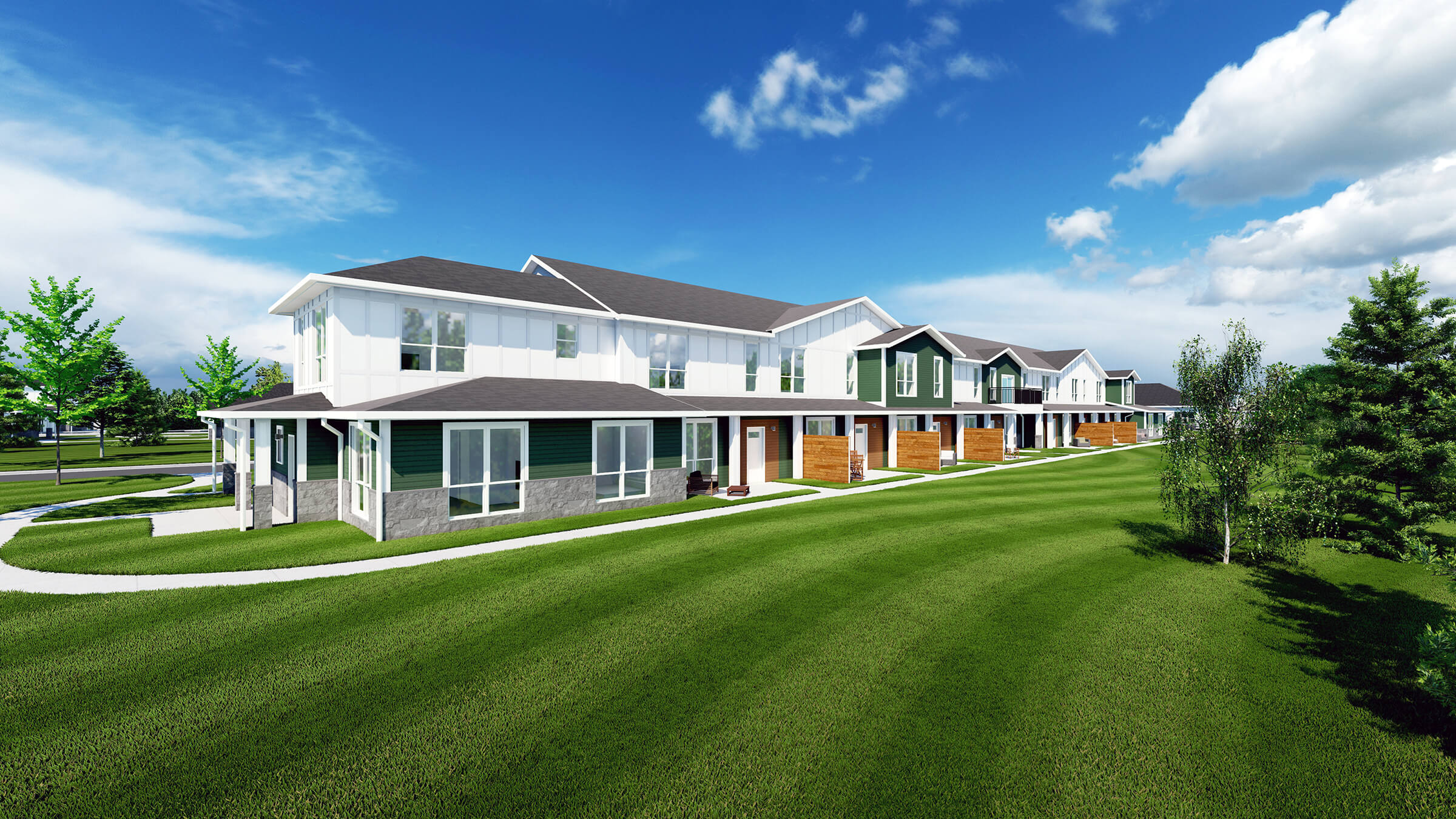 exterior rendering of brookgreen townhomes with green siding, stone accents, and private patios