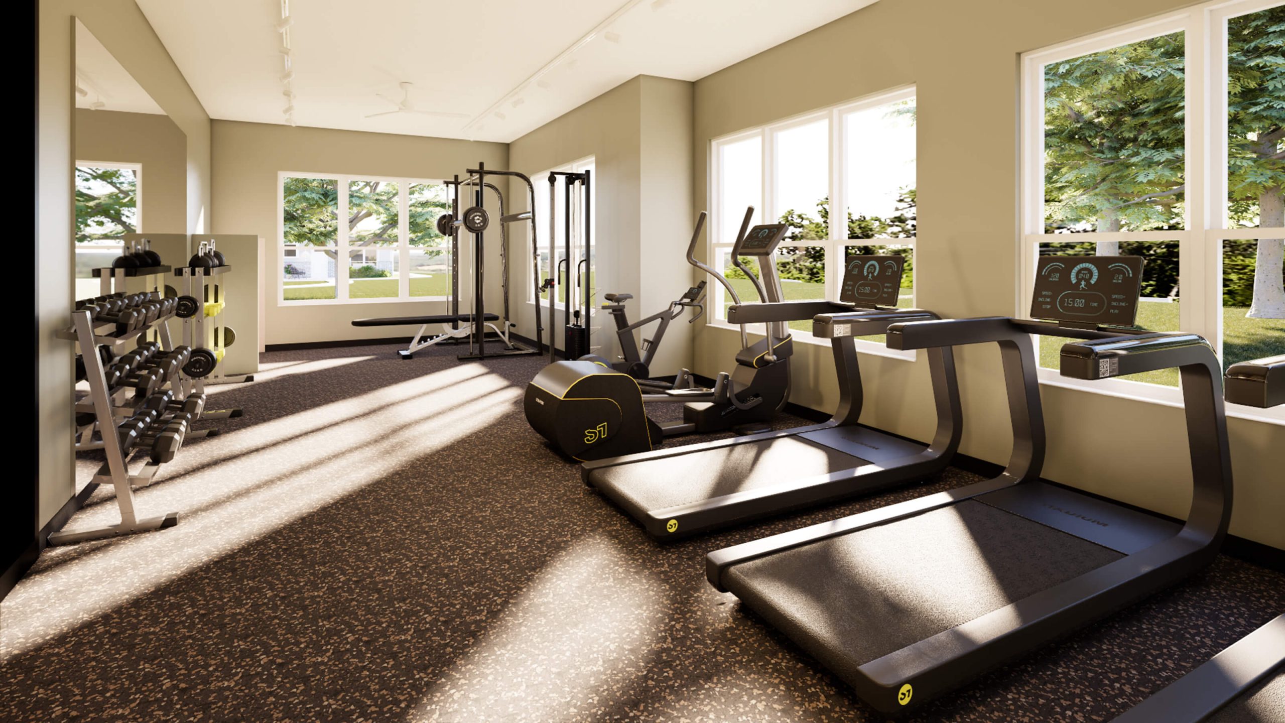 brookgreen townhomes fitness center with treadmills, weights, and exercise machines
