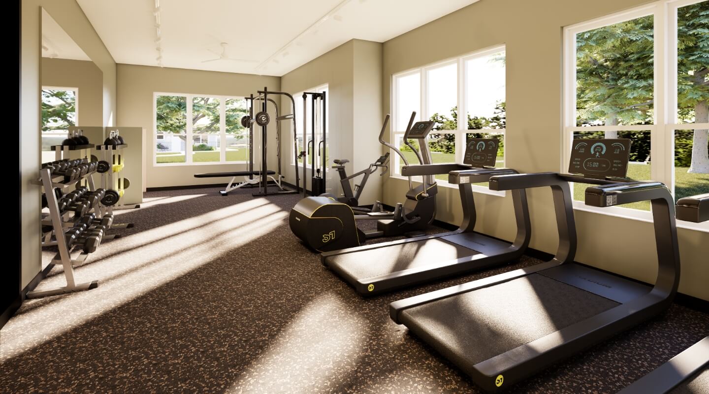 fitness room at brookgreen townhomes with treadmills, weights, and exercise equipment
