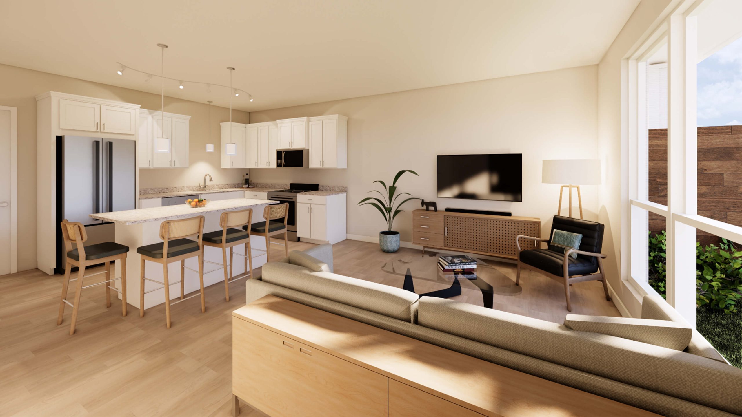 open concept apartment living room and kitchen with island seating