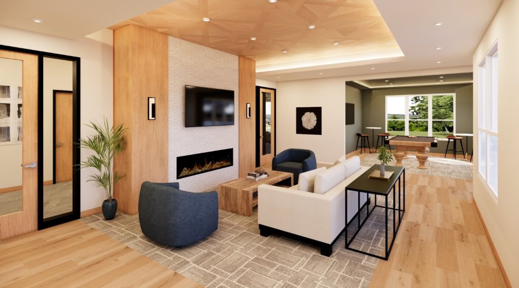 clubhouse lounge with fireplace, tv, seating area, and pool table