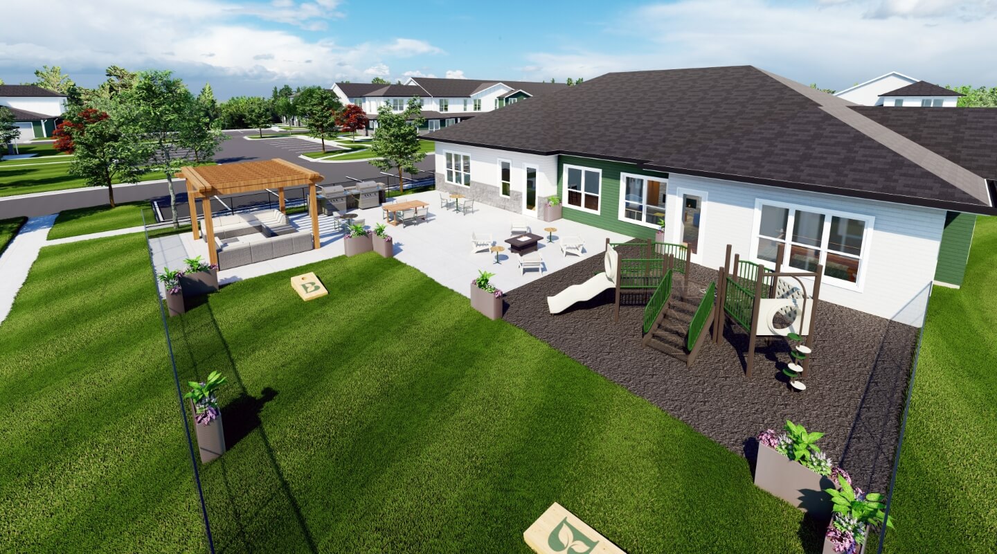 outdoor community amenities with grilling stations, patio seating, and playground