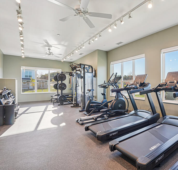 Bright community fitness center featuring treadmills, ellipticals, and strength training equipment with large windows and natural light.