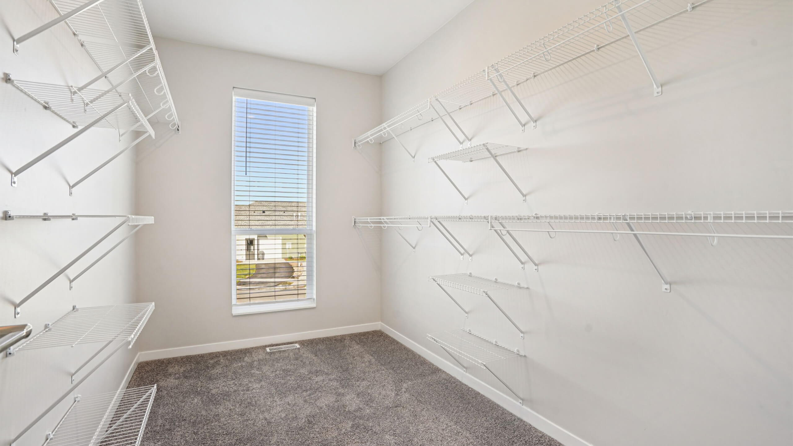 Walk-in closet with built-in white wire shelving and carpet flooring in a bright space.